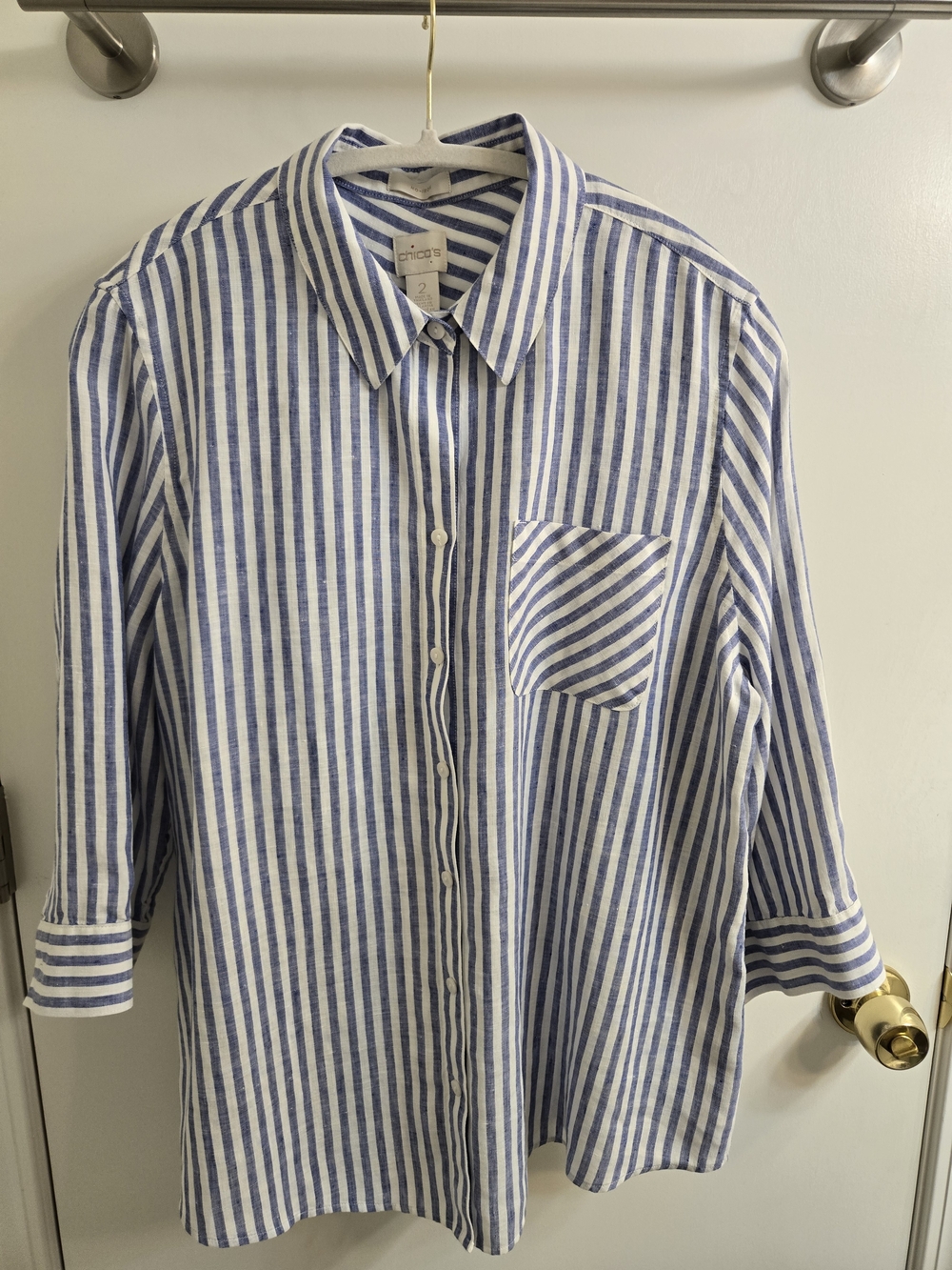 Chico's No-Iron 100% Linen Striped Button Down Shirt Blue White Size 2 L
